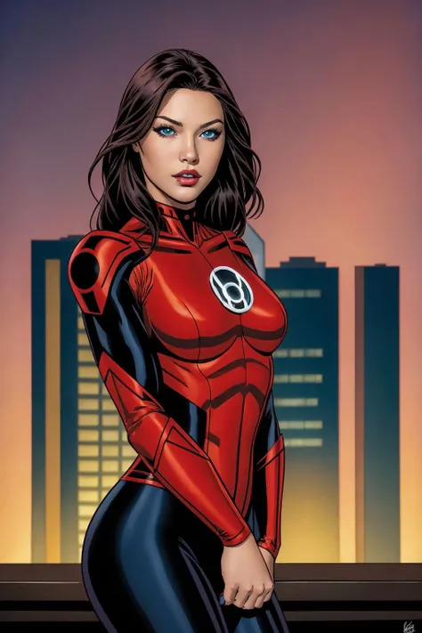 masterpiece, best quality, 1girl, Burgundy hair, blue eyes, red lantern costume, cityscape background <lora:Red Lantern Costume_v1:1>