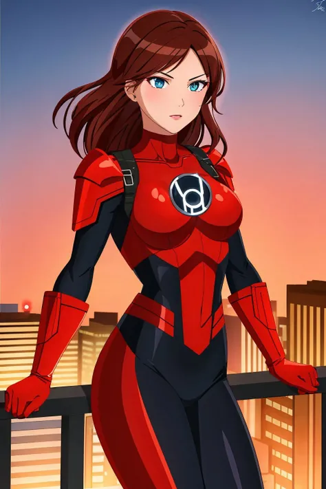 masterpiece, best quality, 1girl, Auburn hair, teal eyes, red lantern costume, cityscape background <lora:Red Lantern Costume_v1:1>