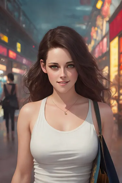 picture of (kr1st3nst-1000:0.99), a woman (wearing a tight white tank top:1.2), (wearing jeans:1.1), modelshoot style, (extremely detailed CG unity 8k wallpaper), photo of the most beautiful artwork in the world, professional majestic oil painting by Ed Blinkey, Atey Ghailan, Studio Ghibli, by Jeremy Mann, Greg Manchess, Antonio Moro, trending on ArtStation, trending on CGSociety, Intricate, High Detail, Sharp focus, dramatic, photorealistic painting art by midjourney and greg rutkowski, perfect thighs, ((in a shopping mall)), (looking at viewer), (detailed eyes:1.2), (grin512:1.2), closeup, (holding a shopping bag:1.1)