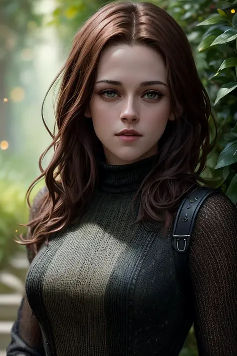 photo of extremely sexy (kr1st3nst:0.99), a woman as a sexy movie star, (((closeup portrait:1.2))), modelshoot style, (extremely detailed CG unity 8k wallpaper), photo of the most beautiful artwork in the world, professional majestic oil painting by Ed Blinkey, Atey Ghailan, Studio Ghibli, by Jeremy Mann, Greg Manchess, Antonio Moro, trending on ArtStation, trending on CGSociety, Intricate, High Detail, Sharp focus, dramatic, photorealistic painting art by midjourney and greg rutkowski, (tight long turtleneck dress:1.2), ((in a lush garden)), (high fantasy), (looking at viewer:1.2), (detailed pupils:1.3), (magic sparks:1.1), (fireflies:1.1)