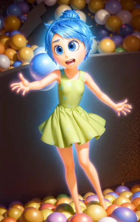masterpiece, best quality, (Joy_InsideOut, yellow skin), in a ball pit, hundreds of glowing balls, happy, green dress, pixar, cartoon, 3d render, <lora:Joy_InsideOutv1-000001:0.9>