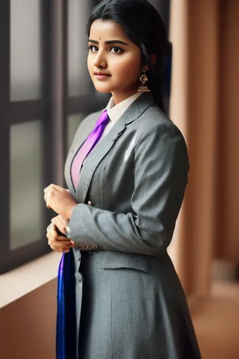 a women anupama , wearing a tie, cupcake in her hands, school, indoors, (soothing tones:1.25), (hdr:1.25), (artstation:1.2), dramatic, (intricate details:1.14), (hyperrealistic 3d render:1.16), (filmic:0.55), (rutkowski:1.1), (faded:1.3) <lora:anupama_model-000049:0.88>