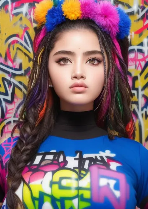 extremely detailed CG uniform 8k illustrations, high color substitution, sketches graffiti art, illustrations photo, masterpiece, hyper detailed, best quality, ultra high res, high resolution, (intricate details), perfect lighting, best shadow, bigger body, smaller face, muscular, (graffiti wall:1.4),1 girl<lora:anupama_model:1>, (extremely detailed face and eyes), (shiny big eyes), (shiny graffiti long hair:1.2), ((colorful)), ((colorful illustrations)), face focus, lip gloss, random eyes color, big boobs, cyberpunk design top