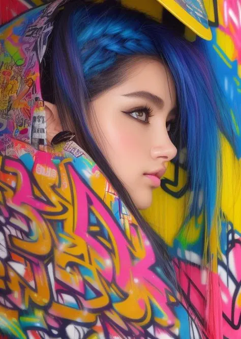 extremely detailed CG uniform 8k illustrations, high color substitution, sketches graffiti art, illustrations photo, masterpiece, hyper detailed, best quality, ultra high res, high resolution, (intricate details), perfect lighting, best shadow, bigger body, smaller face, muscular, (graffiti wall:1.4),1 girl<lora:anupama_model:1>, (extremely detailed face and eyes), (shiny big eyes), (shiny graffiti long hair:1.2), ((colorful)), ((colorful illustrations)), face focus, lip gloss, random eyes color, big boobs, cyberpunk design top
