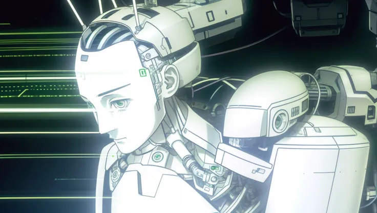 a robot with a lot of wires in it's body and head and arms, with a green light in the background<lora:GhostInTheShell:0.7>