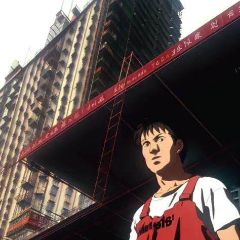 a man on a scaffolding system on a building under construction in a city with tall buildings in the background, <lora:GhostInTheShell:0.9>