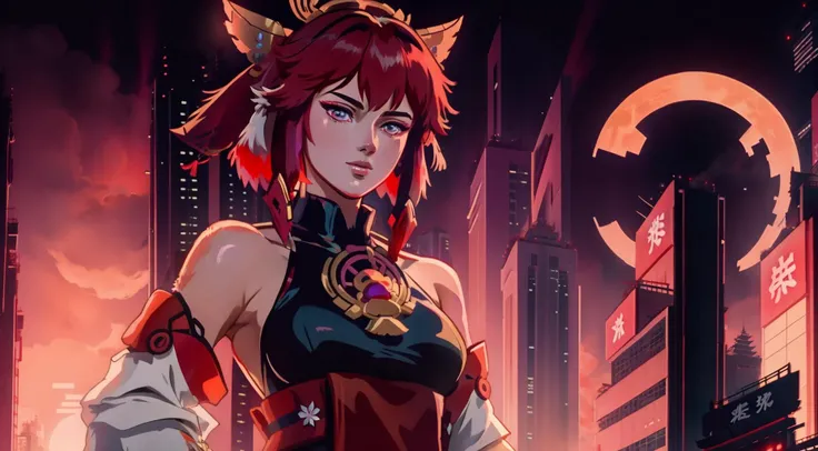 yae miko, ghost in the shell, japanese clothes,  city in background, highres, masterpiece, <lora:yaeMikoRealistic_yaemikoMixed:0.7>, <lora:GhostInTheShell:0.6>