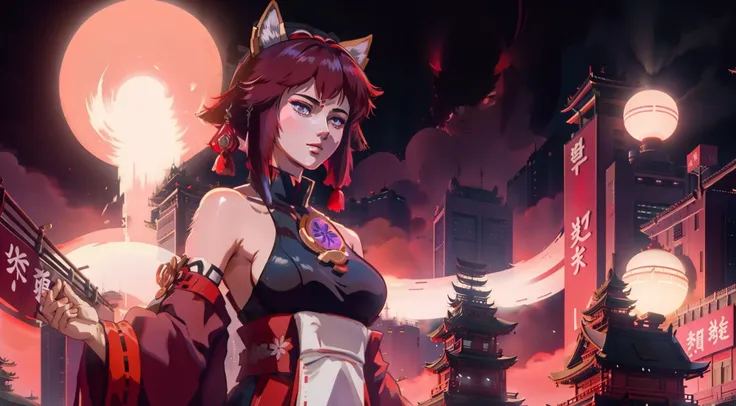 yae miko, ghost in the shell, fox ears, japanese clothes,  city in background, highres, masterpiece, <lora:yaeMikoRealistic_yaemikoMixed:0.7>, <lora:GhostInTheShell:0.6>