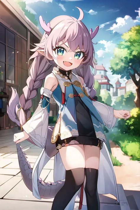 (small girl, female child:1.3), solo, smile, :d, smug,
smile, looking at viewer, 
bailu,twin braids, (dragon tail:1.0), detached sleeves fur trim chinese clothes yellow tassel, dragon horns,
outdoor, rural style, <lora:bailuHonkaiStarRail0:1>
<lora:spy_x_family_style_offset:1:OUT8>   <lora:animeStyleLoraWith_bfcsimplifierTest:-0.2> <lora:add_detail:0.4>