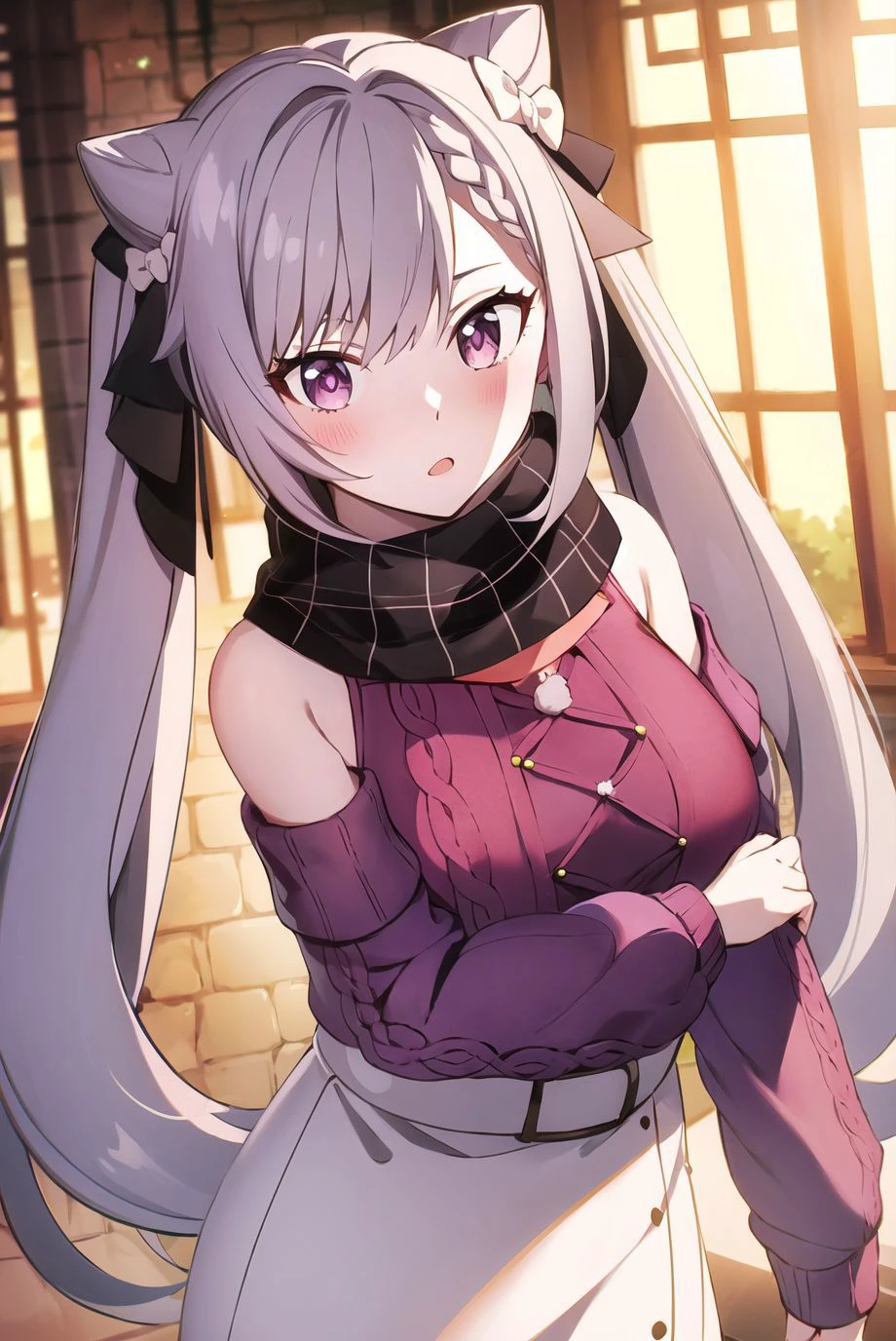 1girl, standing, looking at viewer
<lora:keqingGenshinImpact3in1_v10:1>keqing (lantern rite) (genshin impact), keqing (genshin impact),
hair bun, skirt, scarf, purple sweater, white skirt, purple hair, sweater, (twintails:1.3), purple eyes, diamond-shaped pupils, hair ornament, bare shoulders,
breasts, cone hair bun, long hair, belt, double bun, long sleeves, bangs, bow, hair flower, hair bow,ribbon, hair ribbon, braid, plaid scarf, plaid, off shoulder
<lora:spy_x_family_style_offset:1:OUT8> <lora:animeStyleLoraWith_bfcsimplifierTest:-0.2> <lora:add_detail:0.4>