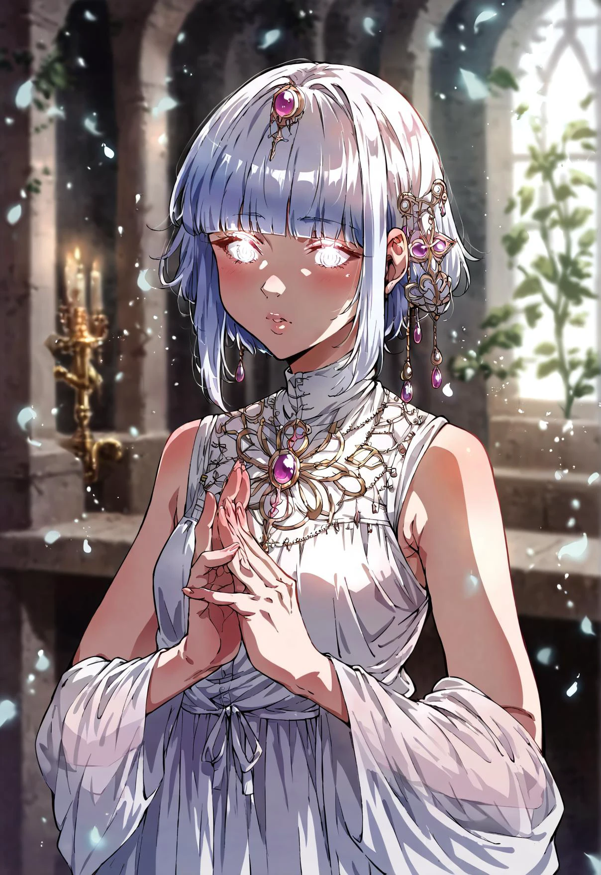 score_9,score_8_up,score_7_up,score_6_up,score_5_up,score_4_up,<lora:aesthetic_witchy:0.3>,witchyaesthetic,realistic,blurry background, vermilion eyes,, , source_safe,, , , upper body, praying hands,, , , , monster, , blouse,asymmetric skirt, , blunt bangs,, glowing eyes, bare arms,, , <lora:MeMaXL_V2:0.8>,,