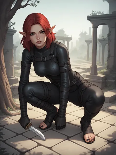 score_9, score_8_up, score_7_up, score_6_up, score_5_up, score_4_up,
BREAK
1girl, elf, full body, red hair, medium hair, parted lips, looking at viewer,
BREAK
squatting, black leather outfit, assassin motif, gloves, holding dagger, toeless footwear, sandals, black toenails,
BREAK
from above, rogue, dark theme, architectural ruins, trees, moonlight, detailed background, digital illustration
