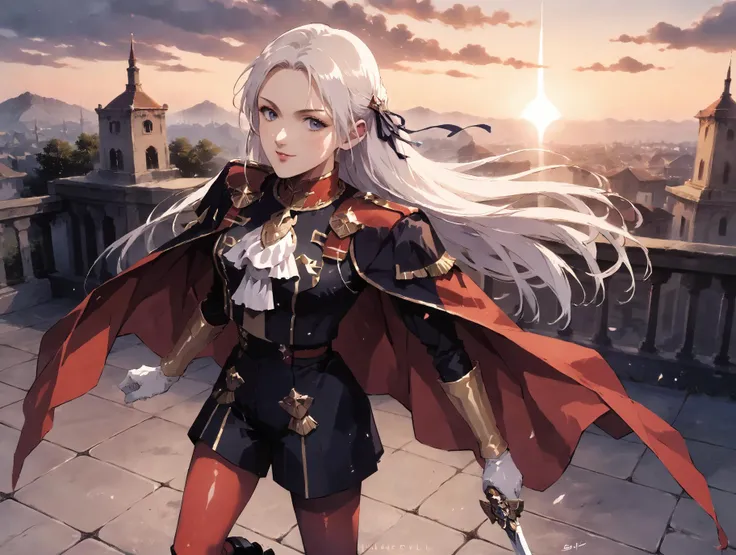 (score_9,score_8_up,score_7_up,score_6_up),concept art,high res,source anime,super fine illustration,detailed lines,<lora:MeMaXL_V3:0.7>,BREAK,
1girl,<lora:edelgard-pdxl-nvwls-v1:0.7>,defEdel, hair ribbon, long hair, side cape, black jacket, white ascot, black shorts, red pantyhose, white gloves, black boots,6 heads feets,
smaller head,extremely detailed nose,beautiful nose,smile,cowboy shot,solo,
perfect anatomy,
hard shadow,sunset,reflections,(Backlighting:1.3),ready a sword,
from above,dynamic angle,uncensored,dynamic pose,w4t3rc0l0ur,
<lora:add-detail-xl:0.6> <lora:DetailedEyes_V3:0.8>, <lora:w4t3rc0l0urXLP:0.4>,<lora:ghibli_style_offset:0.2>, <lora:1dkXLP:0.15>, <lora:Yutaka Izubuchi_XL_PONY:0.9>, <lora:Haruhiko Mikimoto_XL:0.5>