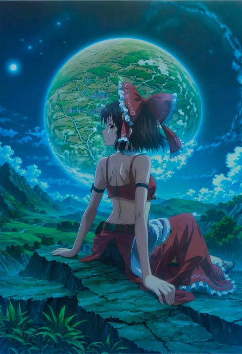 score_9, score_8_up, source_anime, anime screencap, official art, extremely detailed, <lora:MeMaXL_V3:0.8>,
detailed background, landscape, fantasy atmosphere, night, back light, moonlight,
1girl, hakurei reimu from touhou, facing viewer, looking at viewer, smiling, sitting, dynamic pose,