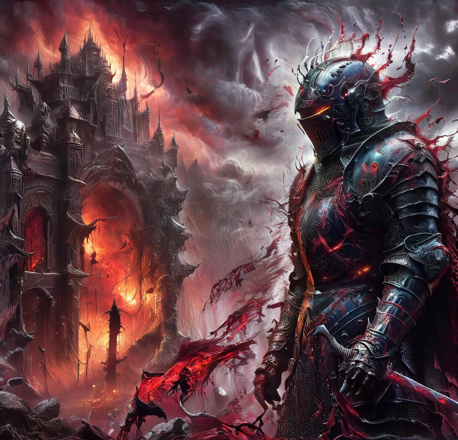 Zoomed out,A fallen knight,now a fearsome demon knight,stands in a dark,misty battlefield. His once noble armor is now twisted and rusting covered in dark,jagged spikes and glowing with a malevolent red aura. His eyes burn with an eerie,otherworldly light,and his face is partially obscured by a shadowy,demonic helmet. In his hand,he grips a massive,ancient sword that seems to pulsate with dark energy,its blade etched with mysterious runes and symbols. The background is a desolate landscape littered with the remnants of past battles,shrouded in fog and illuminated by a blood-red moon,on a rainy stormy night. The overall atmosphere is dark,ominous,and haunting like elden ring,<lora:add-detail-xl:2>,<lora:MeMaXL_V3:0.8>,<lora:envyStarlight_v10:0.8>,<lora:Soul_Knight_SDXL_-_By_HailoKnight:0.8>,soul knight,<lora:1980s_Fantasy_Style_test_2:0.8>,1980s Fantasy Style,vivid color,