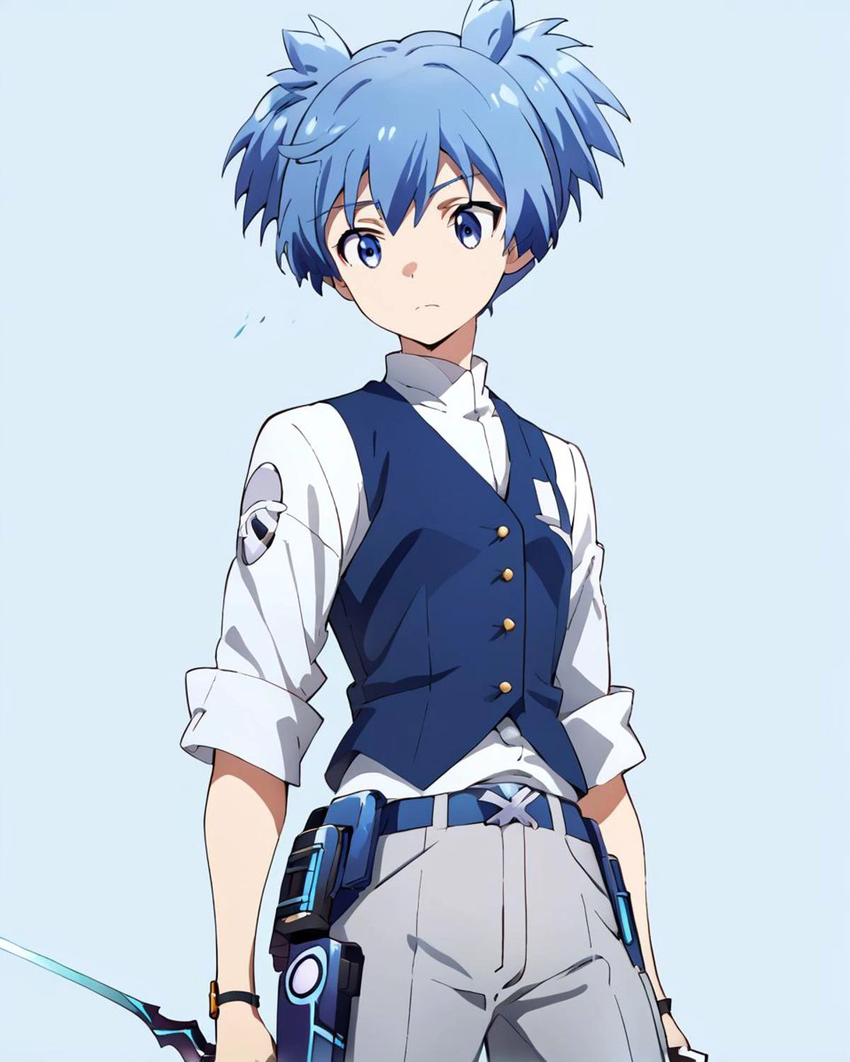 score_9, score_8_up, score_7_up, source_anime, Nagisa Shiota, blue hair, dark blue eyes,short twintails, <lora:Nagisa_Shiota_Pony_XL:0.93> <lora:MeMaXL_V2:0.89>simple background,white shier, blue vest, grey pants