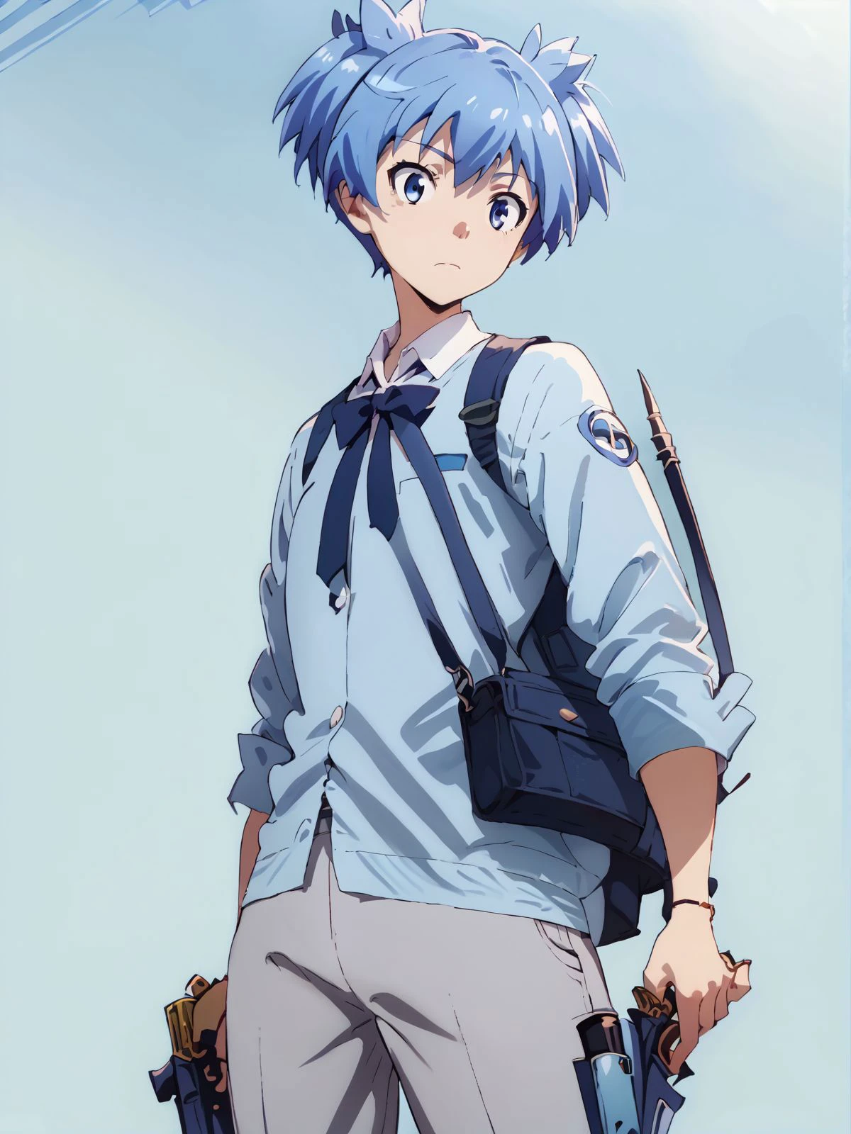 score_9, score_8_up, score_7_up, source_anime, Nagisa Shiota, blue hair, dark blue eyes,short twintails, <lora:Nagisa_Shiota_Pony_XL:0.93> <lora:MeMaXL_V2:0.89>simple background,school outfit,grey pants,