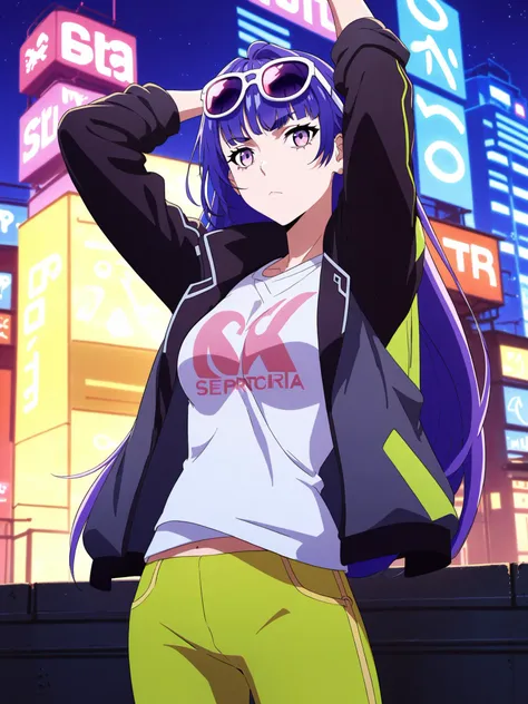 score_9,score_8_up,score_7_up,score_6_up,source_anime,<lora:MeMaHadrian>,cyberpunk,city, front view,(night), detal background,medium breasts,serious,expressionless,very long hair,raiden genshin impact,jacket,pants,neon,t-shirt,sunglasses, glow