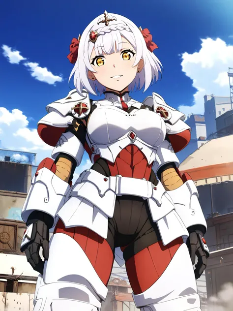 score_9,score_8_up,score_7_up,score_6_up,source_anime,<lora:MeMaHadrian>,front view,(view from below),looking at viewer,post apocalypse, city,1girl,solo,yellow eyes,medium breasts,happy,short hair,white hair,shiny skin, noelle genshin impact,fallout,power armor, red white armor,military,gloves, <lora:T60_Power_Armor_Fallout_Pony_XL:1>