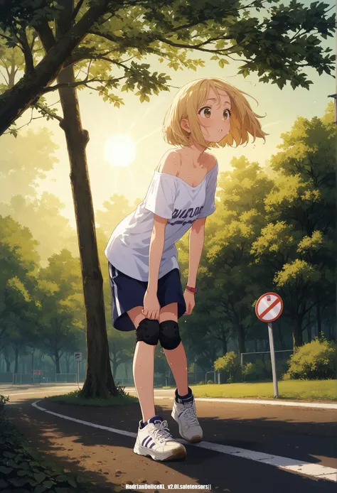 score_9,score_8_up,score_7_up,score_6_up,score_5_up, ,, 1girl,fullbody,oversized t-shirt,off shoulder t-shirt,sneakers,clound,clearsky,noon,(knee pads),name tag,park,dirt road,packway,forest,tree,electric line pole,sun,sunlight,sweat,tanuki ,blonde hair,brown hair,running,from side,road sign,