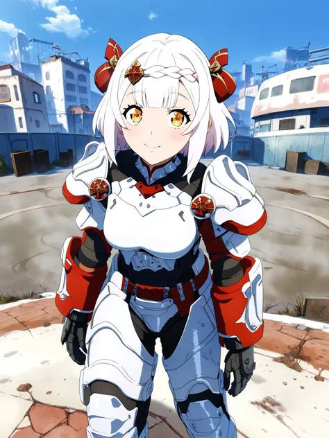 score_9,score_8_up,score_7_up,score_6_up,source_anime,<lora:MeMaHadrian>,front view,looking at viewer,post apocalypse, city,1girl,solo,yellow eyes,medium breasts,happy,short hair,white hair,shiny skin, noelle genshin impact,fallout,power armor, red white armor,military,gloves, <lora:T60_Power_Armor_Fallout_Pony_XL:1>