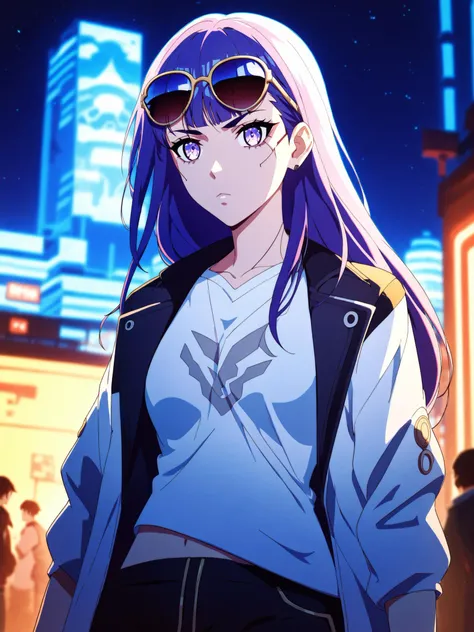 score_9,score_8_up,score_7_up,score_6_up,source_anime,<lora:MeMaHadrian>,cyberpunk,city, front view,(night), detal background,medium breasts,serious,expressionless,very long hair,raiden genshin impact,jacket,pants,neon,t-shirt,sunglasses, glow,implants