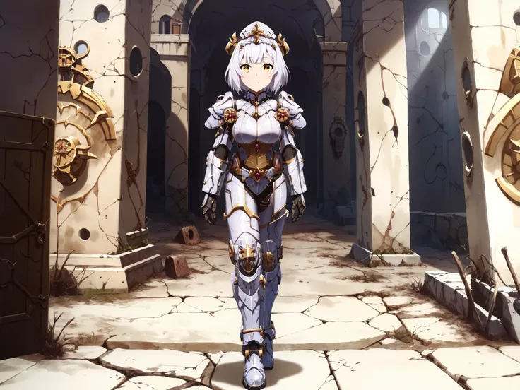 score_9,score_8_up,score_7_up,score_6_up,source_anime,<lora:MeMaHadrian>,front view,looking at viewer,post apocalypse, ruins,1girl,solo,standing,yellow eyes,medium breasts,short hair,white hair,shiny skin, noelle genshin impact,fallout,power armor,military,gloves, <lora:T60_Power_Armor_Fallout_Pony_XL:1>