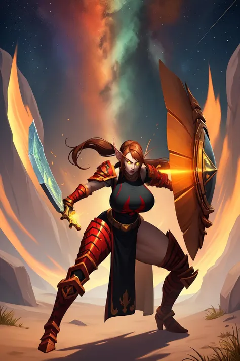 (high quality:1.1), cinematic lighting, extremely detailed,
LadyLiadrin, elf, 1girl, solo, full body, running, dynamic pose, fighting stance, battle stance, (holding sword, holding shield:1.2), huge sword,
looking at viewer, determined,
long pointy ears, light brown hair, ponytail, eyebrows, yellow eyes, (colored sclera:1.1), glowing, jewelry,
red armor, gold trim, pauldrons, gauntlets, black tabard, tabard print, pelvic curtain, greaves, armored boots,
large breasts, curvy,
orange ground, rocks, green sky, starry sky, undead, wasteland,
<lora:LadyLiadrin:0.9>