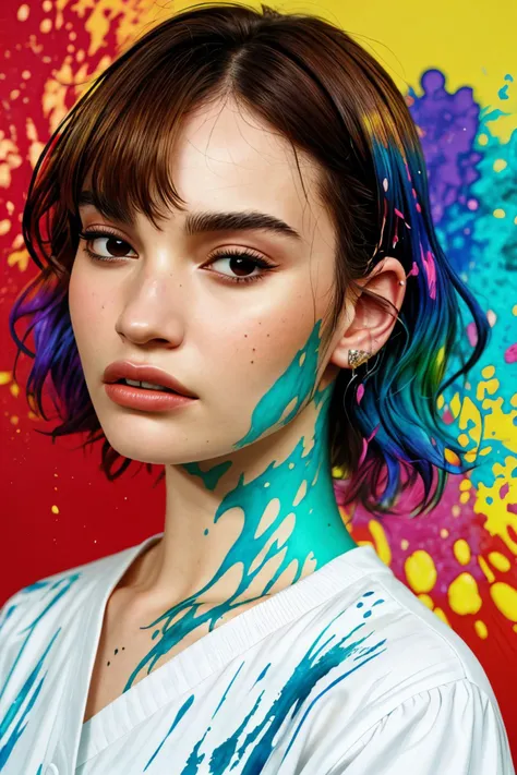 realistic photo of <lora:sd15_LilyJames_locon_64_v1-000016:1> LilyJames, ink splash, colorful,
