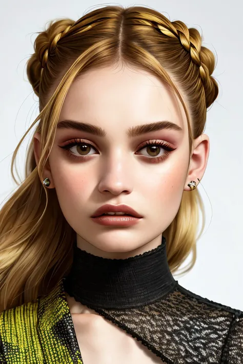 (glitch art, distorted, vibrant, digital noise:1.15), <lora:sd15_LilyJames_locon_64_v1-000016:1> LilyJames, focus on eyes, close up on face, light wheat color hair styled as high braided bun, soft focus
