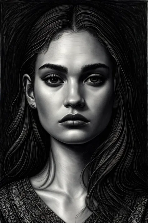 (charcoal drawing, dark, contrast, highly detailed, textured:1.15), zentangle style portrait of <lora:sd15_LilyJames_locon_64_v1-000016:1> LilyJames, face, eyes, mathematical symbols