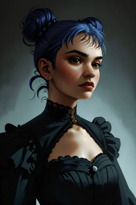 chiaroscuro portrait, high contrast, dramatic, Rembrandt lighting, (medium shot:1.4), realistic photo of <lora:sd15_LilyJames_locon_64_v1-000016:1> LilyJames, robin egg blue color hair styled as double bun