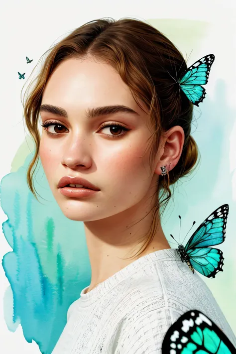 watercolor style portrait of realistic photo of <lora:sd15_LilyJames_locon_64_v1-000016:1> LilyJames, face, eyes, butterfly symbols