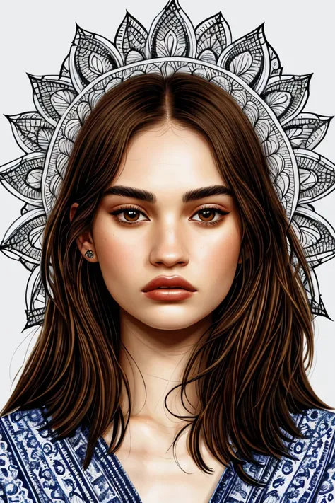 zentangle style portrait of realistic photo of <lora:sd15_LilyJames_locon_64_v1-000016:1> LilyJames, face, eyes, arcane symbols