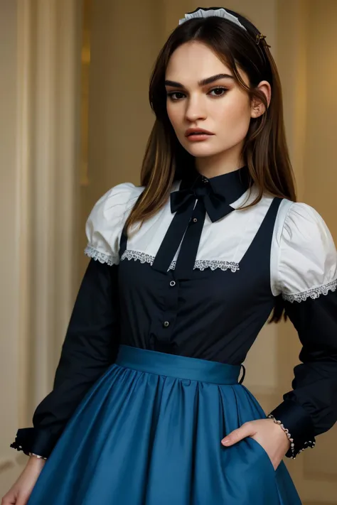 (trompe-l'oeil style, illusion, realistic, highly detailed:1.15), headshot of <lora:sd15_LilyJames_locon_64_v1-000016:1> LilyJames, focus on face, wearing a maid dress <lora:victorian_maid-1.0:0.8> , her hair is styled as shoulder-length hair,