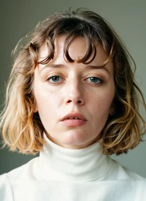 A stunning intricate color close up portrait of (sks woman:1) , wearing white turtleneck, epic character composition, sharp focus, natural lighting, subsurface scattering, f2, 35mm, film grain, , by Michael Kenna, <lora:lora-small-natasha-lyonne-v1:1>