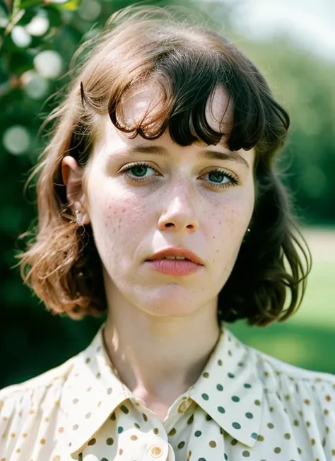 A stunning intricate color close up portrait of (sks woman:1) , wearing Polka dot dress and kitten heels, epic character composition, sharp focus, natural lighting, subsurface scattering, f2, 35mm, film grain, , by Dorothea Lange, <lora:lora-small-natasha-lyonne-v1:1>