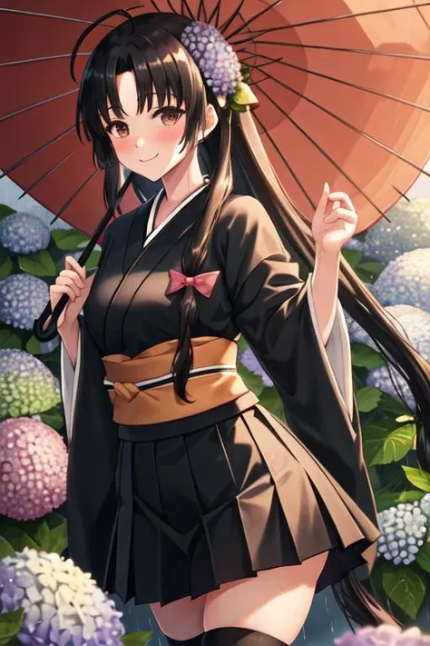 best quality, masterpiece, highres, solo, {shouhou_kantaicollection:1.15}, long_hair, black_hair, brown_eyes, ahoge, smile, blush, breasts, 1girl, black_skirt, holding, holding_umbrella, japanese_clothes, low-tied_long_hair, oil-paper_umbrella, pleated_skirt, skirt, umbrella, very_long_hair, bow, hakama, hakama_skirt, wide_sleeves, kimono, rain, thighhighs, flower, hakama_short_skirt, hydrangea, looking_at_viewer