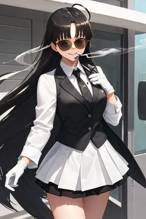 best quality, masterpiece, highres, solo, {black business suit:1.40}, {tie:1.20}, {sunglasses:1.25}, {white gloves:1.15}, {white shirt:1.10}, {black skirt:1.15}, {smoking:1.20}, handsome, {karin_bluearchive:1.15}, black_hair, dark-skinned_female, dark_skin, long_hair, yellow_eyes, bangs, breasts, large_breasts, halo, bow, blush, bowtie, blue_bow, very_long_hair, blue_bowtie, ponytail, closed_mouth, animal_ears, fake_animal_ears, rabbit_ears