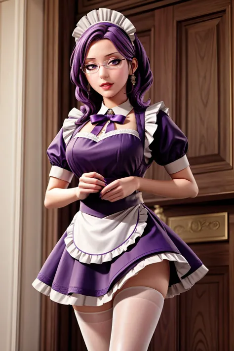 masterpiece,(best quality:1.2),maximum detail,intricate detail,extremely clear,<lora:kim:0.7>,purple hair,purple eyes,mature female,glasses,(maid outfit:1.2),short skirt,<lora:add_detail:0.6>,