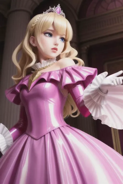 blonde evil corrupted young princess wearing dark pastel (ruffled:1) (gleaming latex:1) gown with (long latex cape:1) and latex elbow bridal gauntlets, (Perfect Face:1), soft lighting, glossy red lips, ruffles
