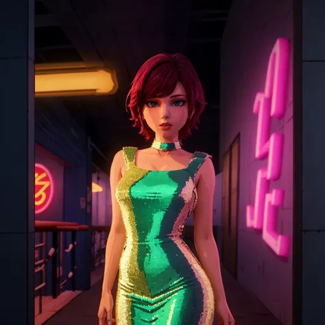 1girl, 8k, uhd, best quality, masterpiece, trending on arstation, new york, neon signs, 1980s \(style\), cell shaded, sequin dress, TWAU2, cinematic lighting