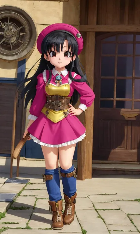 akirat2024, 1girl, black hair, steampunk, mechanic, manga, 2d, anime, vibrant colors, sci-fi