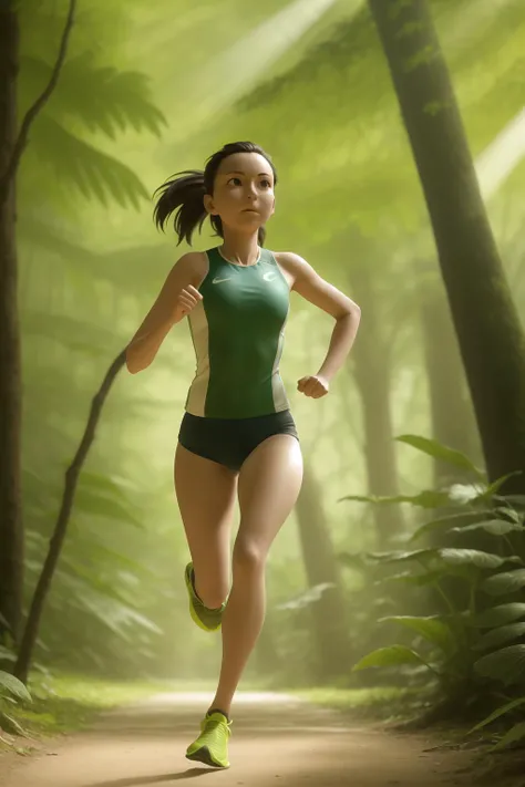 In the flourishing forest, a woman clad in lightweight athletic attire gracefully and agilely runs. Sunlight filters through the leaves, casting dappled shadows as she seamlessly merges with nature, breathing in the fresh air and relishing the tranquility of the running trail.