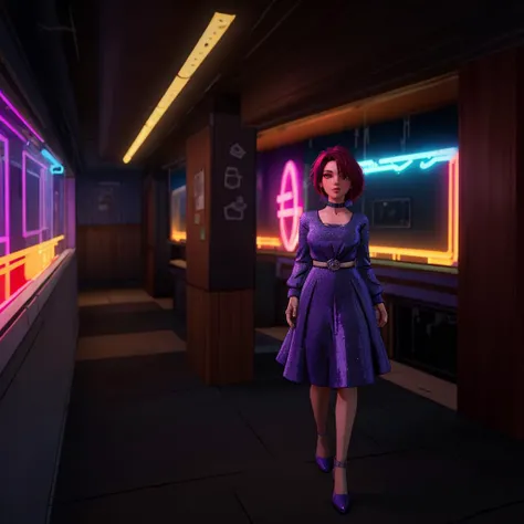 1girl, 8k, uhd, best quality, masterpiece, trending on arstation, new york, neon signs, 1980s \(style\), cell shaded, sequin dress, TWAU2, cinematic lighting