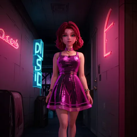 1girl, 8k, uhd, best quality, masterpiece, trending on arstation, new york, neon signs, 1980s \(style\), cell shaded, sequin dress, TWAU2, cinematic lighting
