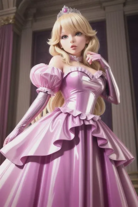 blonde evil corrupted young princess wearing dark pastel (ruffled:1) (gleaming latex:1) gown with (long latex cape:1) and latex elbow bridal gauntlets, (Perfect Face:1), soft lighting, glossy red lips, ruffles