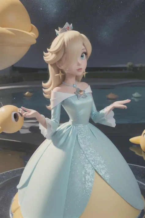 masterpiece, best quality, absurd res, maximum detail, intricate detail, extremely clear, <lora:ros1-000020:1>, aqua dress, looking at viewer, space background, crown, standing, upper body, (disney pixar), (detailed background, space),