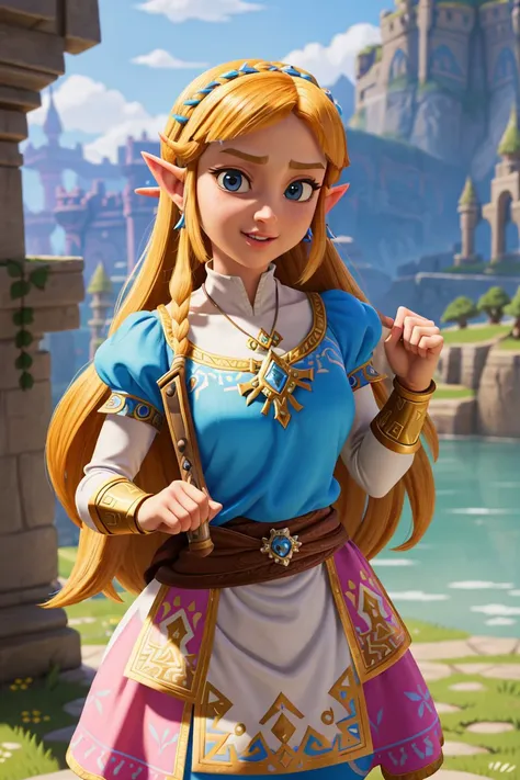 masterpiece, best quality, absurd res, maximum detail, intricate detail, extremely clear, (princess zelda, the legend of zelda: breath of the wild), (detailed background, hyrule castle),