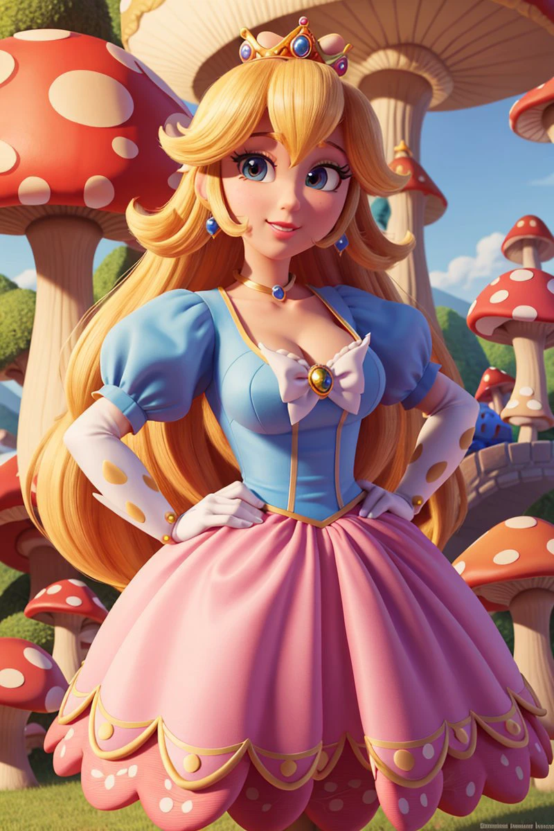 masterpiece, best quality, absurd res, maximum detail, intricate detail, extremely clear, (princess peach, dreamworks, disney pixar), (detailed background, mushroom kingdom),